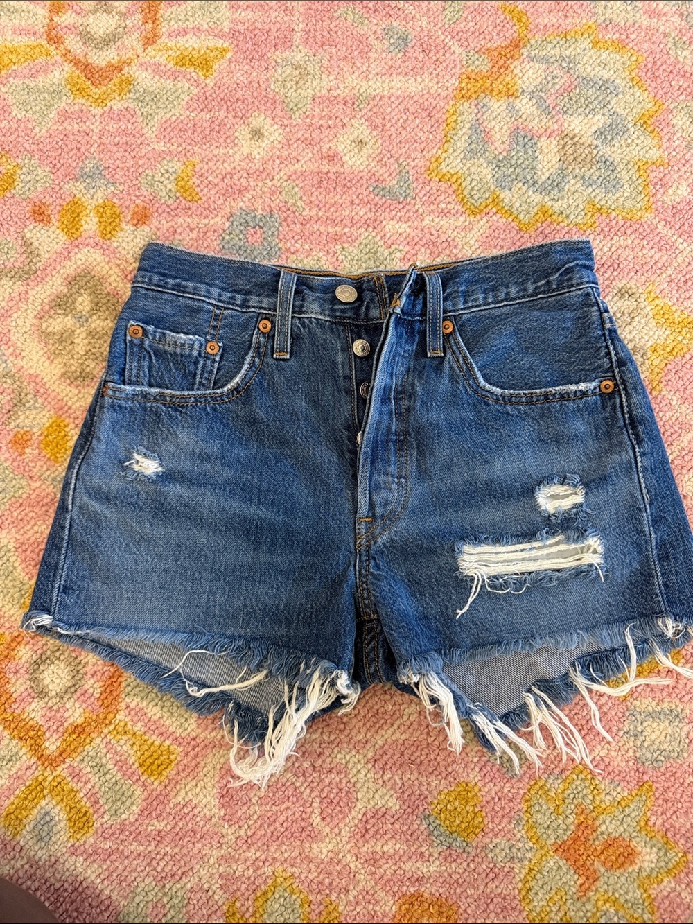 Levi's Distressed Dark Blue Denim Cutoff Shorts